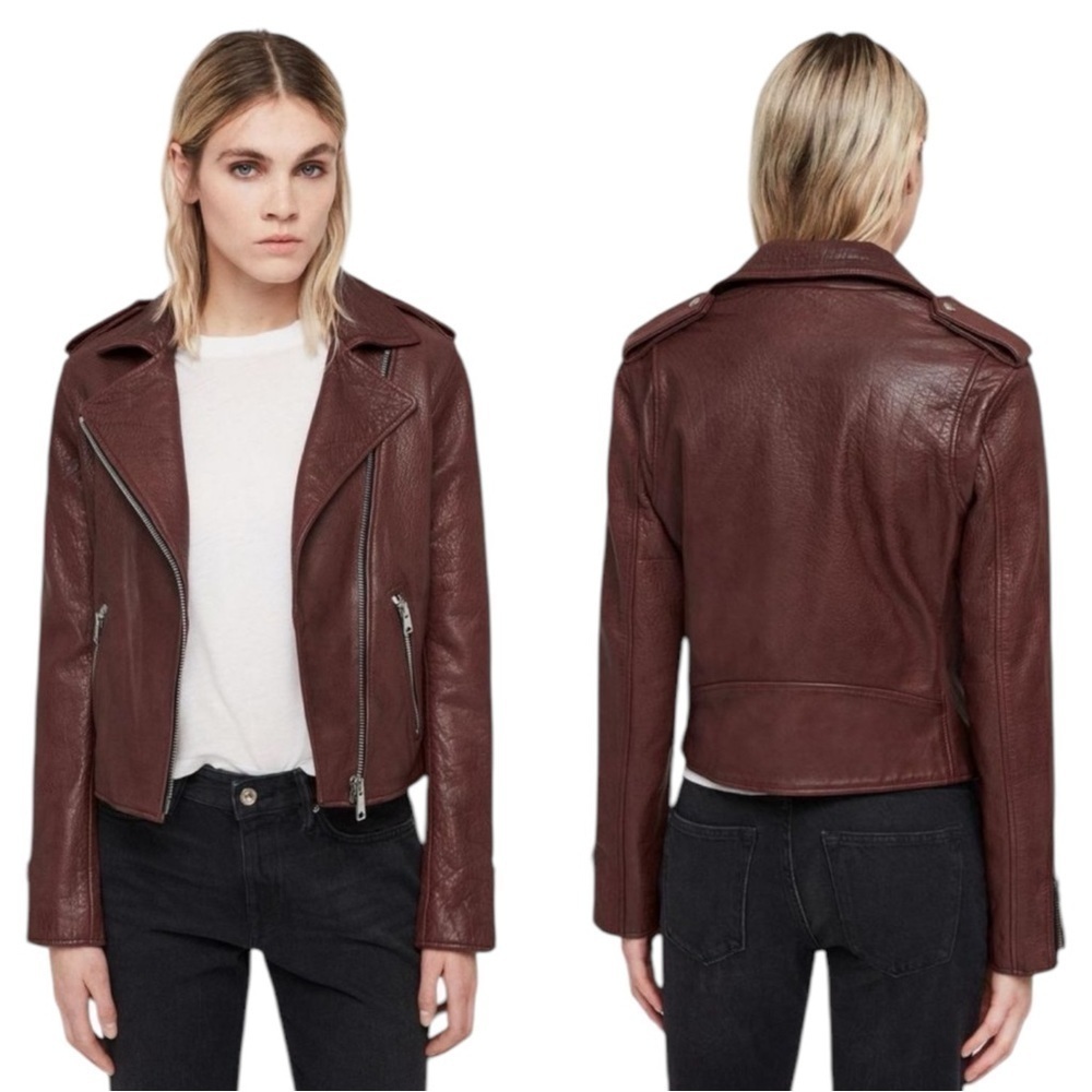 ALL SAINTS HADI CHERRY TUSCAN RED ZIP UP BUFFALO LEATHER BIKER MOTO JACKET